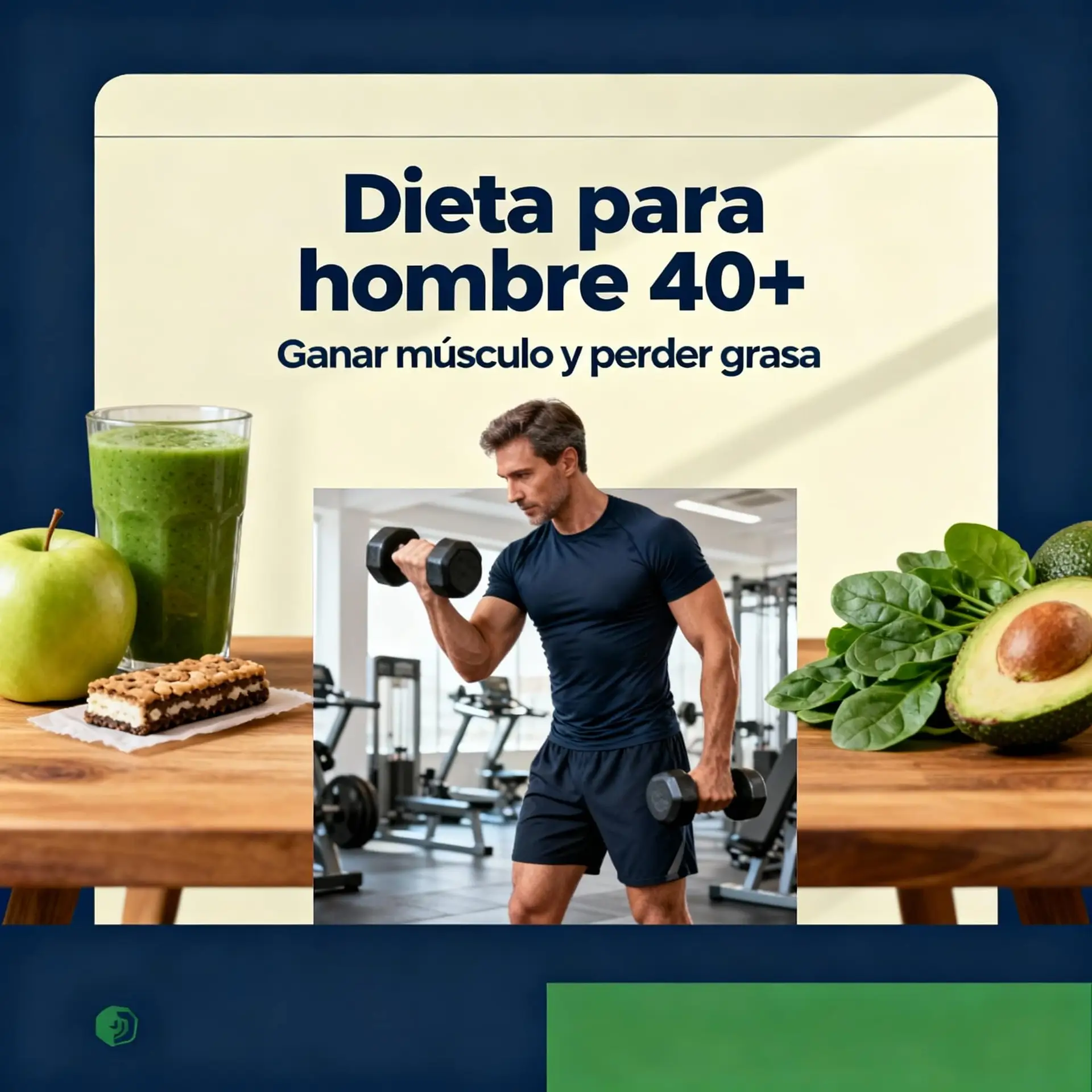 Hombre mayor de 40 años haciendo ejercicio con mancuernas, rodeado de alimentos saludables para ganar músculo y perder grasa