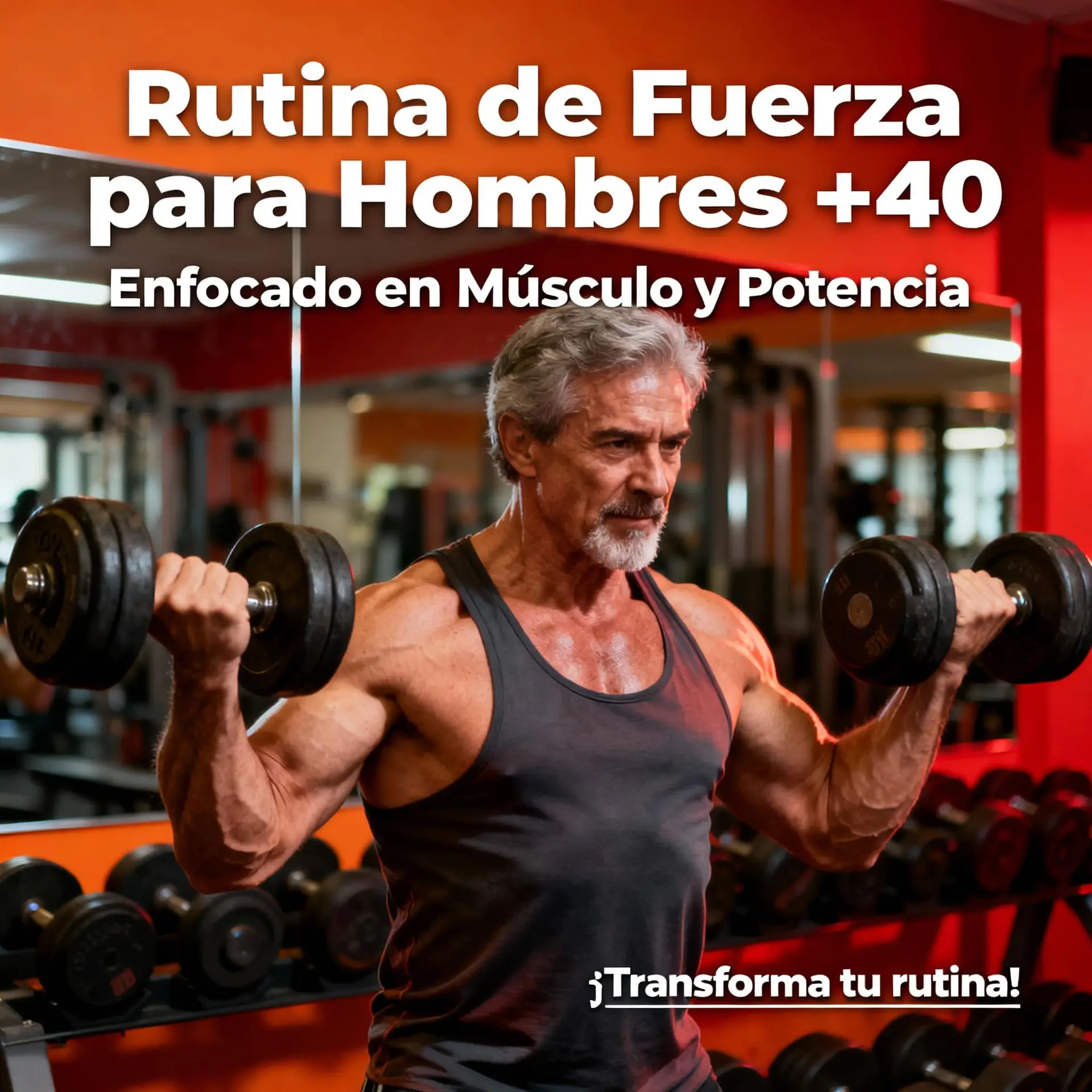 Hombre de 40 años realizando sentadilla con barra, ejercicio fundamental para una rutina de fuerza y ganar masa muscular.